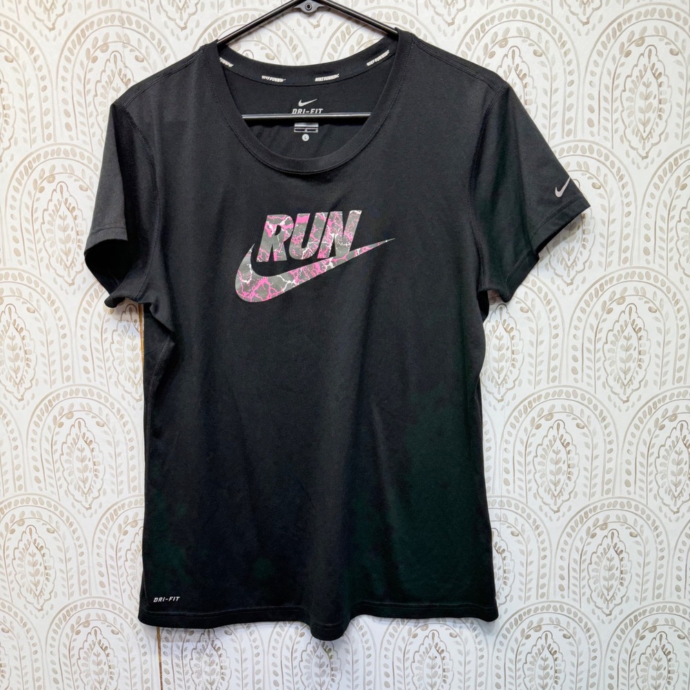 Nike Running T-Shirt Womens L Black Pink Graphic RUN Dri-FIT Short Sleeve Top